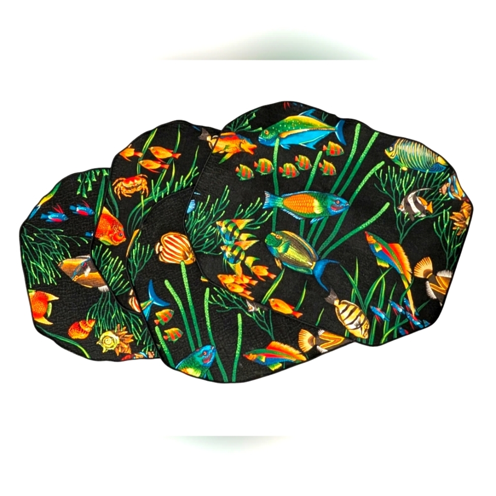 Vintage 90s Black‎ Neon Fish Print Set Of Placemats